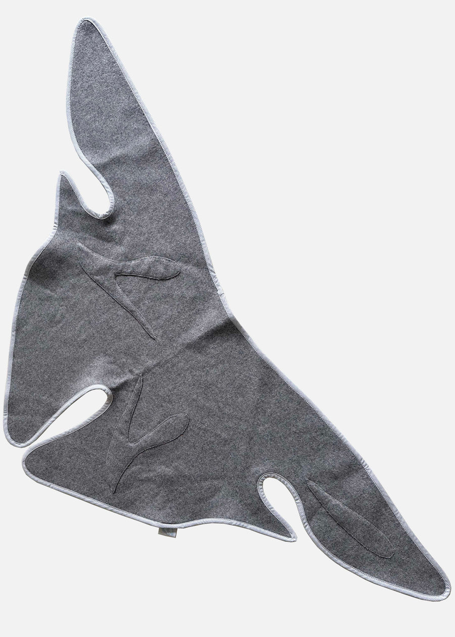 A gray wavy headscarf made from a cashmere and wool blend, displayed on a plain background.
